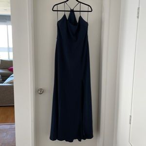 AMSALE CREPE dress in NAVY. Slit was added - no other tailoring - Size 18
